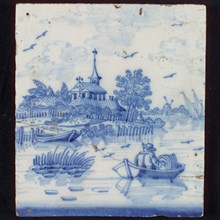 Tile, blue on white, open air, closed with rowing boat in which man with fish trap, tile picture material fragment ceramics