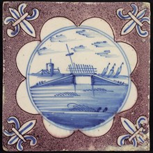 Scene tile, sailing boats and tower, corner pattern French lily, wall tile tile sculpture ceramic earthenware glaze, baked 2x