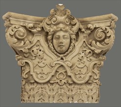 Kapiteel of pilaster, decorated with woman's head and acanthus motifs in relief, capitals building component gypsum paint, d 14.