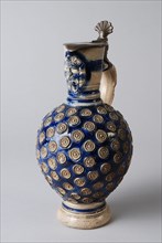 Stoneware jug with tin lid, covered with small rosettes and lion head, blue fond, jug crockery holder soil find ceramic