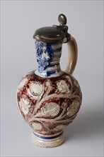 Tinsmith: A? S, Stoneware jug be glazed with tin lid, sgraffito and appliqués, blue and purple, jug crockery holder soil find