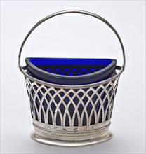 Silversmith: Cornelis Knuijsting, Drage tray: silver basket with blue glass tray, drageebak tableware holder silver glass, sawn