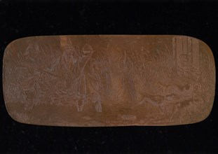 Copper cliché with hunters and dogs, cliché printer's equipment copper, engraved Red copper plate with three men