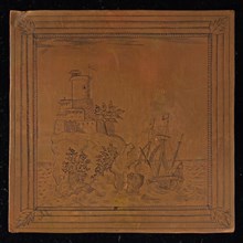 Copper cliché with ship and tower on rock, cliché printing equipment copper, engraved Red copper plate with three-master