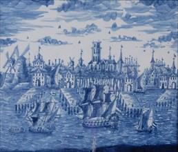 Blue rectangular earthenware plaque in black antique frame, port of Rotterdam, plaque ceramic earthenware enamel wood paint