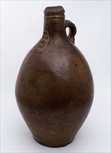 Large stoneware Bartmann jug, also called Bellarmine jug, brown with an ear and dotted in the baking figure 2, bearded hand jug