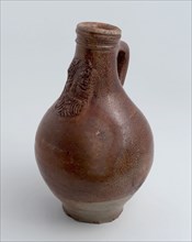 Stoneware Bartmann jug, also called Bellarmine jug, speckled glazed, sausage ear, on bottom with light soul, Bartmann jug