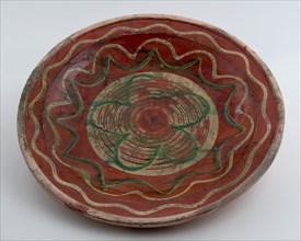 Earthenware dish on stand surface, ringing-plate, glazed, decoration in green and yellow, dish plate crockery holder earth