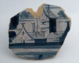 Fragment of the dish, yellow shard, decorated in white and blue, depicting farmstead, dish crockery holder soil find ceramic
