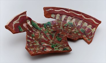 Fragment of earthenware dish, ringing-plate, red shard, decorated, on stand, dish crockery holder soil find ceramic earthenware