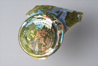 Fragment of belly with seal of large storage bottle, glass seal bottle holder fragment soil find glass forest glass, w 7.0