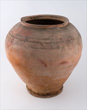 Earthenware storage jar or ash jar, unglazed, on stand, ovoid, storage jar aspot holder soil find ceramic earthenware, hand