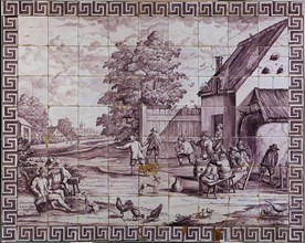 tile manufacturer Schiedamsedijk, I. Aalmis, Tile panel with inn scene, tile picture material ceramic earthenware glaze tin