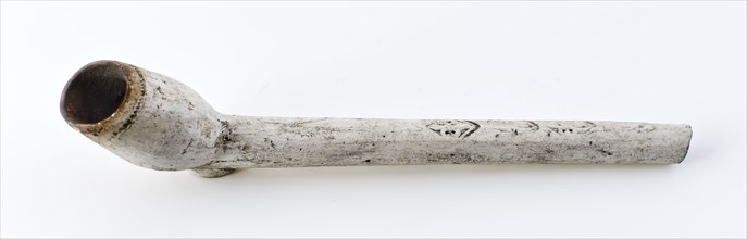 White clay pipe, marked with stalk decorated with fleur de lis stamps, clay pipe smoking equipment smoke floor pottery ceramic
