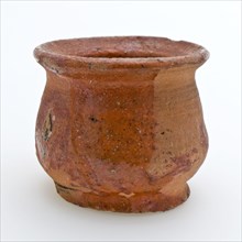 Pottery belly model ointment jar, red shard, internally glazed, ointment jar holder soil found ceramic earthenware glaze lead