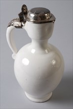 Delft-white jug with silver lid, jug drinkware holder silver ceramics earthenware glaze tin glaze metal, hammered driven delft