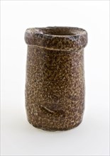 Stoneware ointment jar, cylindrical model, entirely glazed in gray and brown, ointment jar pot holder soil find ceramic
