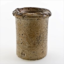 Stoneware ointment jar, cylindrical model, entirely gray and brown glazed, ointment jar pot holder soil find ceramic stoneware