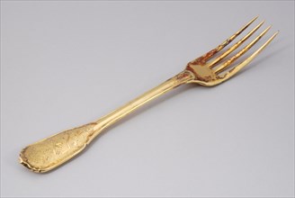 Gold plated fork with four teeth, fork cover cutlery silver gold, forged gilded stem four teeth. Pine cone BW in oval, smashed