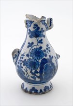 Pieter Adriaensz Kock's, Earthenware jug with spout and ear, decorated in blue on white ground, jug crockery holder soil find