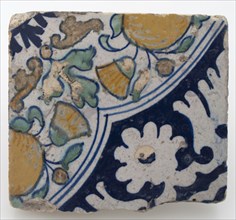 Tile, out of four, with polychrome fruits, flowers, leaves and blue palm corner, wall tile tile footage earth discovery ceramic