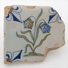 Tile, flower tile with two flowers on plant, fleur de lis as corner decoration, wall tile tile sculpture earthenware ceramics