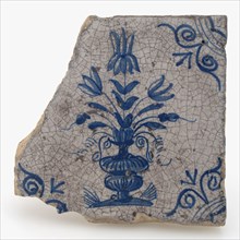 Tile, flower vase in blue with heavy ox-head as corner decoration, wall tile tile visualization earth discovery ceramics