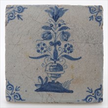 Earthenware tile with flower vase and ox head corner decoration in blue on white background, wall tile tile visualization earth