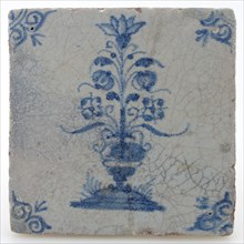 Pottery tile with flower vase and ox head corner decoration in blue on white background, wall tile tile visualization earth