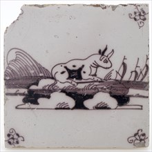 Pottery tile with landscape and cow, spinnekop corner decoration, in manganese on white ground, wall tile tile visualization