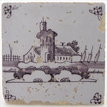 Scene tile, lighthouse, manganese decor on white ground, corner fill spider, wall tile tile footage earth discovery ceramics