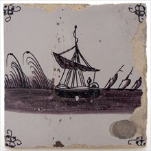 Earthenware tile with sailing ship at anchor, spinnekop corner decoration, in manganese on white ground, wall tile