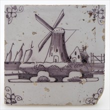 Pottery tile with windmill, spinnekop corner decoration, in manganese on white ground, wall tile tile visualization earth