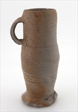Stoneware jug, cylindrical model with wide vertical ear, on pinch, crockery holder soil find ceramic stoneware, hand-turned