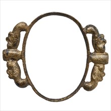 Brass oval, wire-shaped with ornaments, artifact soil found brass metal, cast Copper oval Side edged ornaments with hole