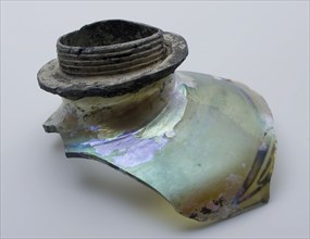 Fragment of shoulder, neck and closure of square (stock) bottle, cellar bottle? bottle holder soil find glass tin, free blown