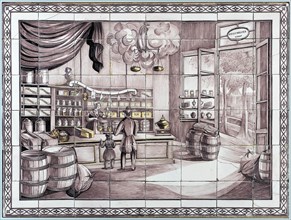 Van Traa, Purple tile tableau, interior of grocery store, tile picture material ceramics earthenware glaze wood, baked 2x glazed