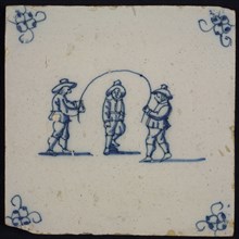 Scene tile, child's play, three boys, jumping rope, corner motif spider, wall tile tile sculpture ceramics pottery glaze tin