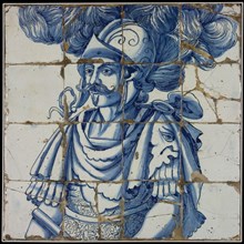 Blue tile picture, the Roman warrior Hannibal with plumed helmet, tile picture material ceramics pottery glaze metal, baked 2x