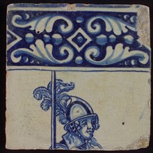 Tile of tableau with blue decorated border and man's head with helmet, tile picture footage fragment ceramics pottery glaze