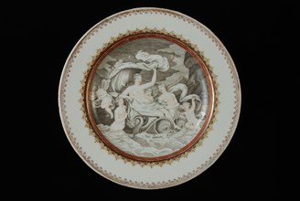 White plate with three naked women and three putti at sea, plate crockery holder ceramic porcelain glaze, baked glazed painted
