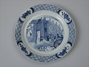 White plate with in blue image Costerman uproar: figures that plunder and break down the house, plate crockery holder ceramic