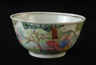 Head and saucer with lying woman and man in landscape in bushes, cup and saucer drinking utensils tableware holder ceramics