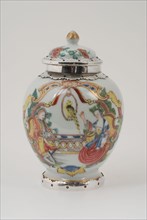Porcelain tea caddy, tea caddy holder ceramic porcelain glaze silver, baked glazed painted enamelled, ovoid on foot chine