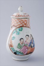 White milk jug with woman, man and child, five figures in landscape and on lid landscape, milk jug holder tableware ceramics