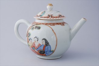 White teapot with woman, man and child, and on cover landscape, teapot holder tableware ceramics porcelain glaze, baked glazed