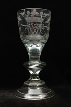 Chalice glass engraved with monogram and year 1782, wineglass drinking glass drinking utensils tableware holder glass, free