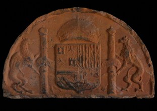 Hearthstone, capstone, with escutcheon of Emperor Charles V, King of Spain, fireplace stone hearth part ceramic brick, burnished