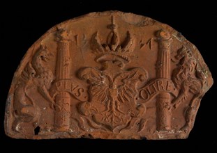 Hearthstone, capstone, with escutcheon of Emperor Charles V, Duke of Austria, hearthstone hearth fireplace component earth