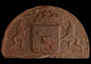 Hearthstone, capstone, with the crowned coat of arms of Maurits van Nassau, stone fireplace hearth part ceramic brick, baked